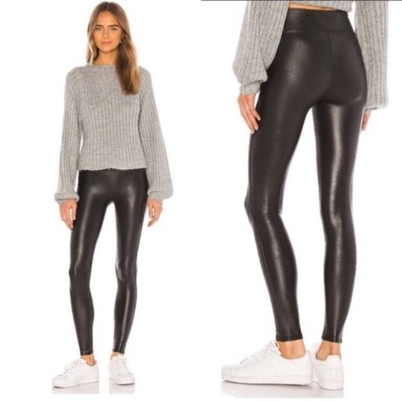 Spanx Faux Leather Leggings Women's Small Black Metallic Slimming Shaping - Picture 2 of 10